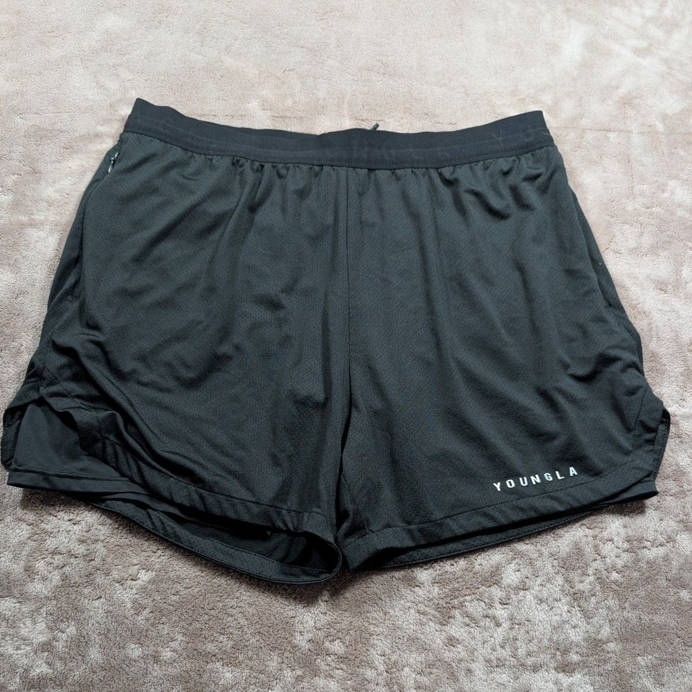 YoungLA Mesh 2-in-1 Athletic Shorts Mens XL Black Zipper Pocket 5in Inseam